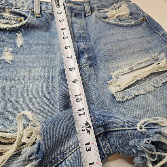 Signature 8 Blue Denim Shorts Women Distressed High Rise Button Down Size M - Picture 13 of 14
